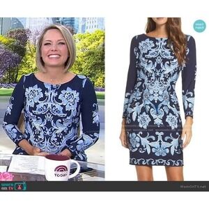 Eliza J Navy and Light Blue Patterned Long Sleeve Dress
